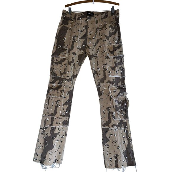 Fashion Nova Mens Multi Cargo Pocket Pants Sz 34 Straight Tan Brown Camo - Picture 1 of 7